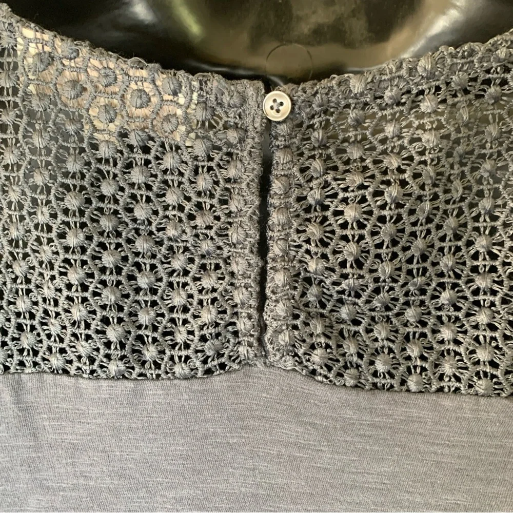 Ann Taylor LOFT Top Size M 100% cotton Grey Fringe Lace Yoke Tee Coquette Preppy